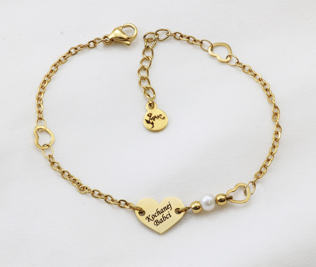 Złota bransoletka z grawerem z sercem i perłami1898/4