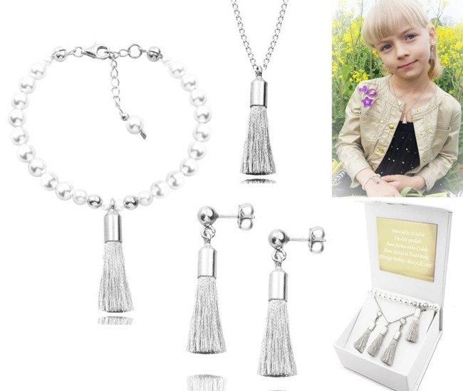 1074/2 komplet chwosty frędzle srebro 925 prezent na komunię urodziny