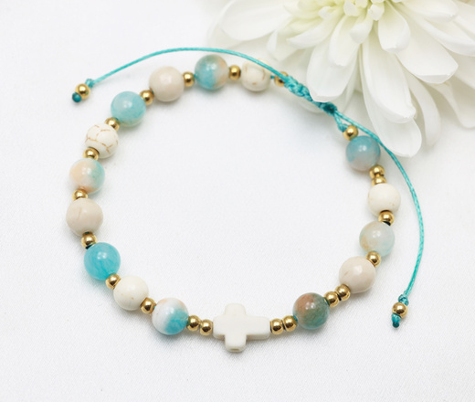  bransoletka różaniec stal złocona na sznureczku turkusowo kremowy 1877/12