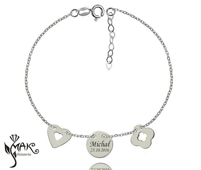 BR747 bransoletka grawerunek laser celebrytka srebro 925 3 zawieszki
