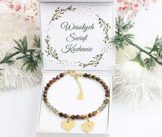 1734/3 brązowa bransoletka srebrna 925 pozłacana z grawerem i kamieniami naturalnymi