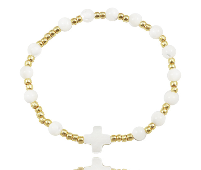 1571/19 bransoletka różaniec złota z krzyżem i koralikami z masy perłowej