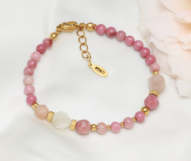 różowa bransoletka pozłacana z kamieniami naturalnymi 1826