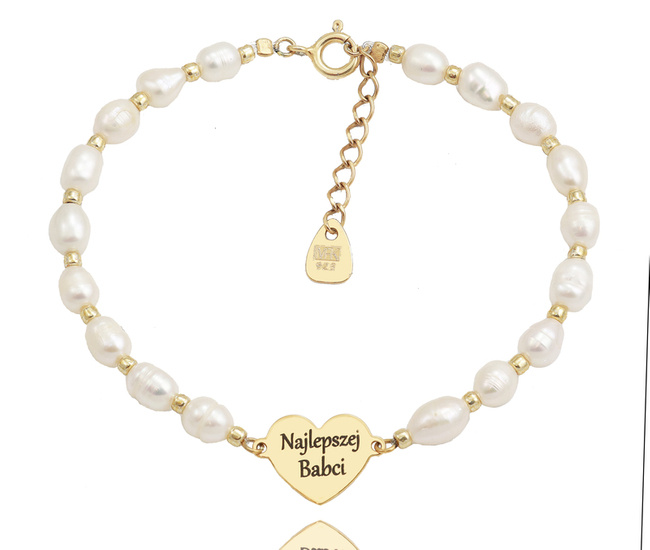 1607 Bransoletka dla babci z grawerem z perłami srebro 925 pozłacane