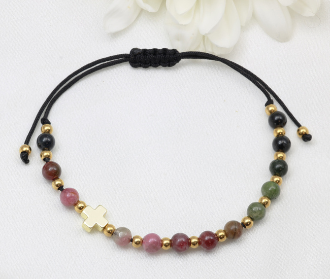 bransoletka różaniec z kamienia naturalnych stal złocona niebieska 1877/4