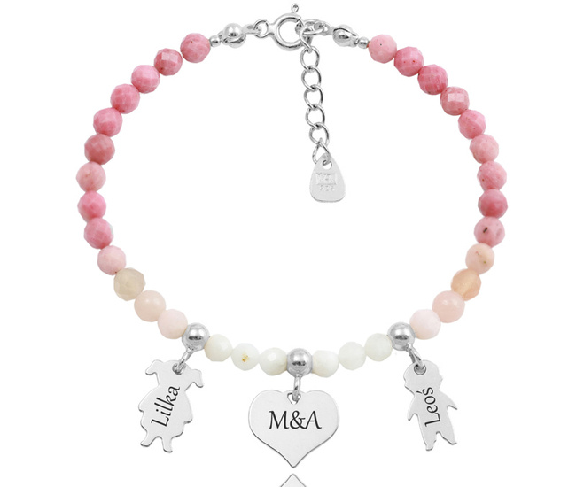 1734/1 różowa bransoletka srebrna 925 z grawerem i kamieniami naturalnymi