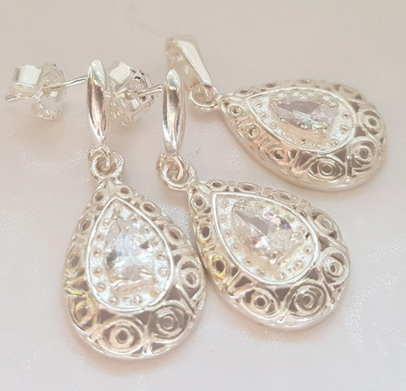 480/75 komplet srebrny łezki z cyrkoniami białymi