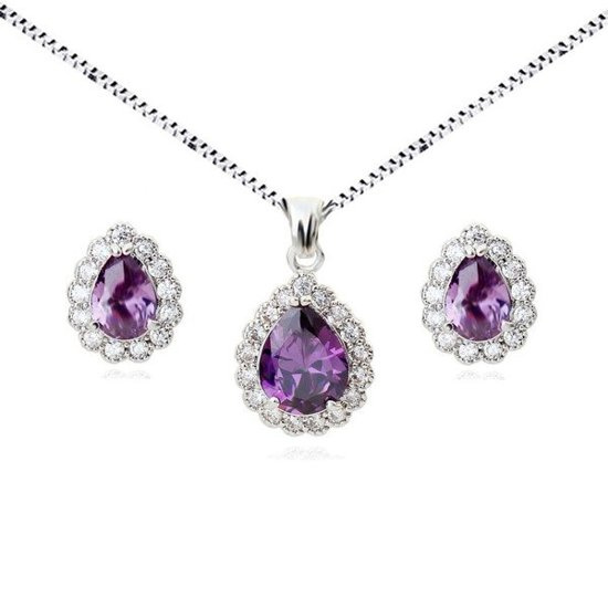 KPL 599/574 komplet kolczyki i wisiorek z fioletowymi łezkami plus łańcuszek, srebrny