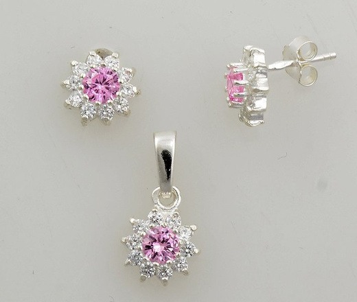 480/99 komplet srebrny kwiatuszki z różowymi cyrkoniami