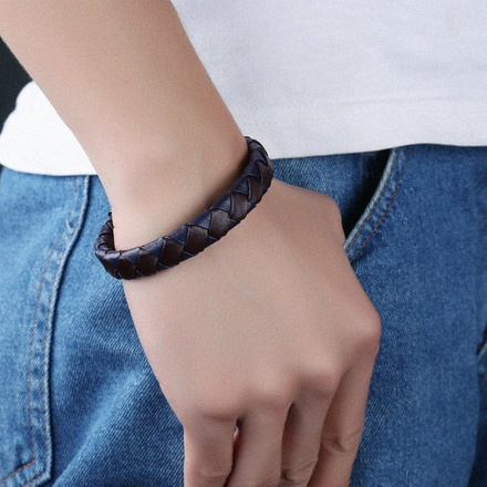 599/1009 bransoletka męska z grawerunkiem skóra granatowo-brązowa