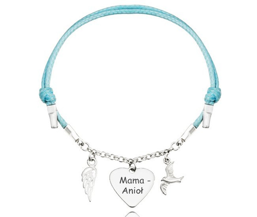 1151 bransoletka grawerowana srebrna na sznurku serce skrzydło ptaszek