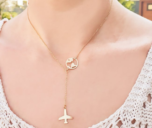 1286 Naszyjnik srebrny 925 pozłacany, kula ziemska globus samolot