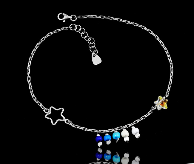 1552 bransoletka na stopę srebrna 925 koraliki i gwiazdki