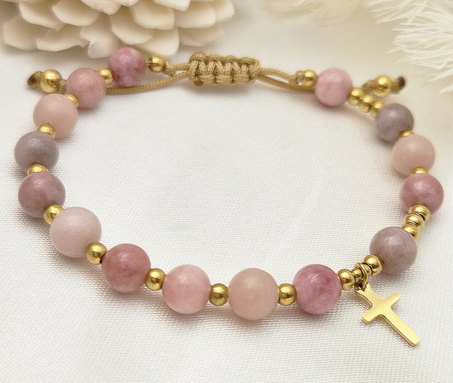 1571/34 bransoletka różaniec złota, opal różowy i kamień słoneczny