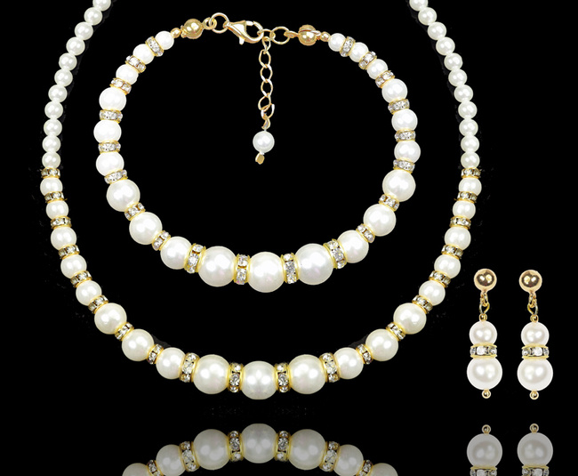 1361 komplet srebrny pozłacany z perełkami i kryształkami