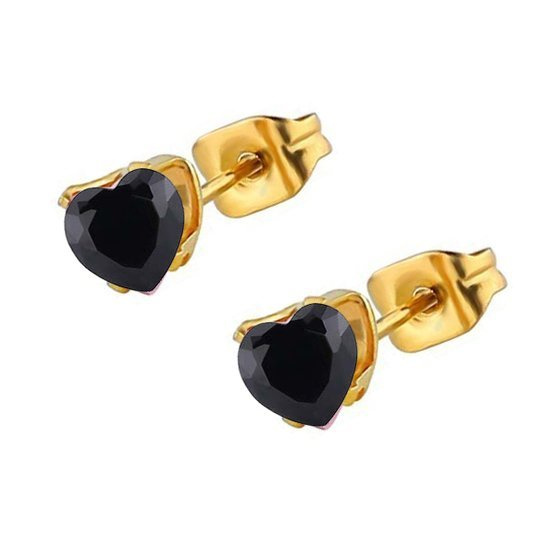 599/1023 Kolczyki serduszka złote 3 mm, czarne cyrkonie stal szlachetna pozłacana