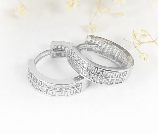 114/30 kolczyki grecki wzór kółka srebro p925 rodowane z cyrkoniami