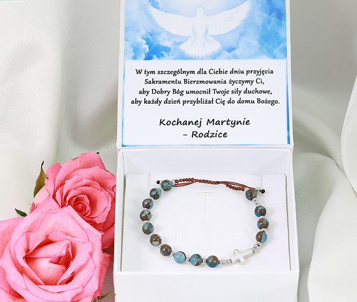 1627/6 bransoletka różaniec stal srebrna na sznureczku z kamieniami naturalnymi jaspis