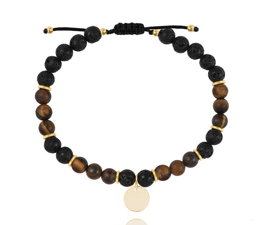 1628/10 bransoletka męska stalowa z grawerem koralikami drewnianymi i kamyczkami wulkanicznymi