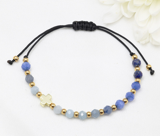  bransoletka różaniec z kamienia naturalnych stal złocona  niebieska 1877/1