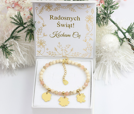 1734/2 beżowo-różowa bransoletka srebrna 925 pozłacana z grawerem i kamieniami naturalnymi