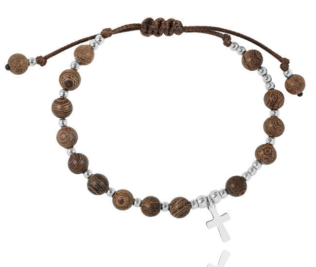 1627/7 bransoletka różaniec męska stal srebrna na sznureczku  drewniane koraliki