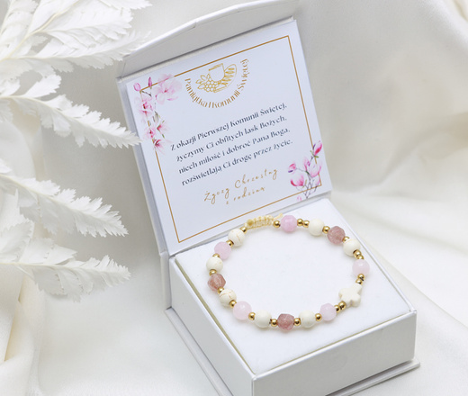 bransoletka różaniec stal złocona na sznureczku pastelowy róż 1877/11