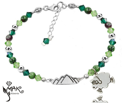 BR943 BRANSOLETKA z grawerem zoisyt z rubinem, Swarovski El, górskie szczyty, góry, owca.