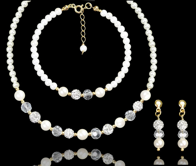 1358 komplet srebrny pozłacany z perełkami i kryształkami