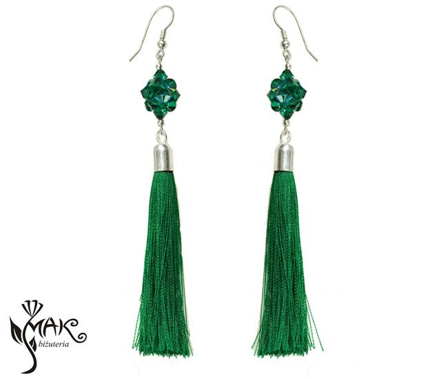 KOL897 kolczyki chwosty frędzle szmargdowe Swarovski Elements srebro 925