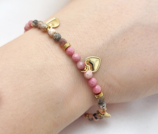 1734/10 beżowo-różowa bransoletka pozłacana z grawerem i kamieniami naturalnymi Premium