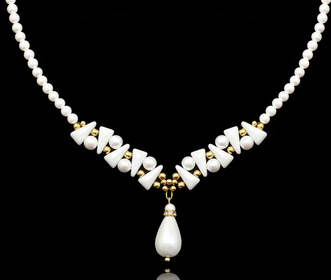 naszyjnik ślubny pozłacany z perełkami wyplatany ręcznie 1816/6