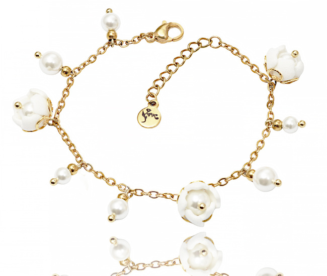 pozłacana bransoletka ślubna z perełkami i kwiatami 1816/8