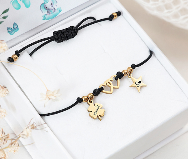 Bransoletka z imionami dziecka pozłacana dla mamy z grawerem na baby shower 1764/8