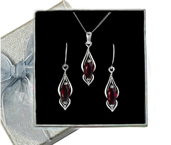 480/228 komplet srebrny z bordową cyrkonią