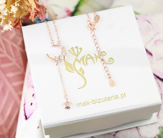 1064/43 Naszyjnik srebrny 925 pozłacany księżyc i gwiazdy z cyrkoniami