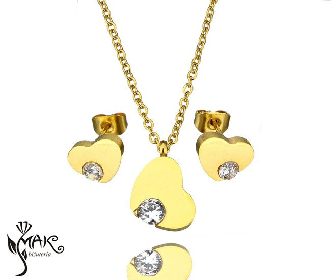 Kpl821/3 komplet serca złote stal szlachetna cyrkonia celebrytka