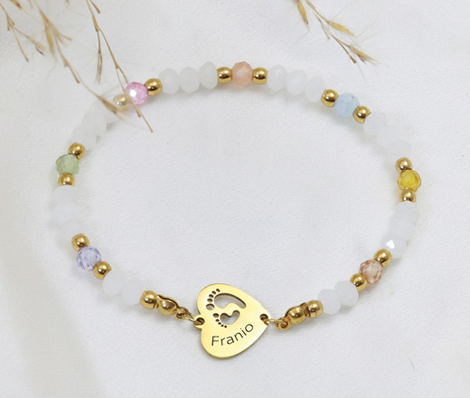 Bransoletka grawerowana i sercem ze stópkami kamienie naturalne 1889