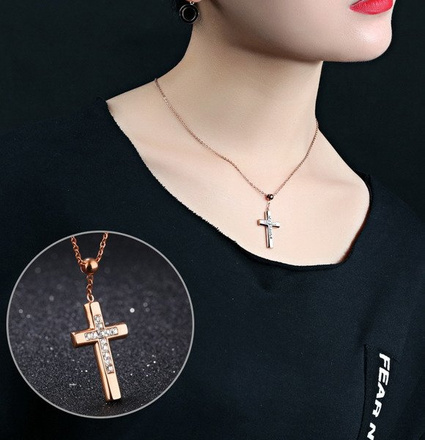 Nk 599/728 NASZYJNIK ze stali krzyż cyrkonie różowe złoto