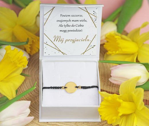 1340 BRANSOLETKA Z GRAWEREM srebro pozłacane na sznureczku