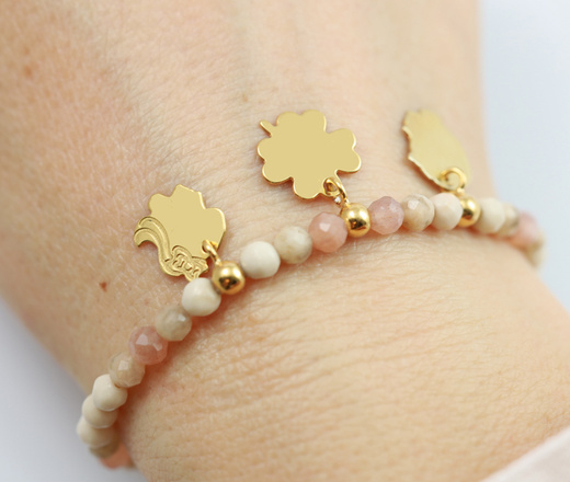 1734/2 beżowo-różowa bransoletka srebrna 925 z grawerem i kamieniami naturalnymi