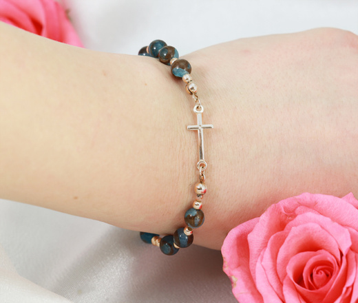 1627/9 bransoletka różaniec srebro 925 pozłacane z jaspisu