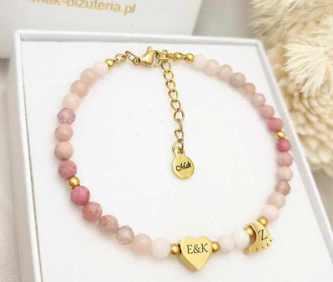 1736 różowa bransoletka złocona z grawerem i kamieniami naturalnymi Premium