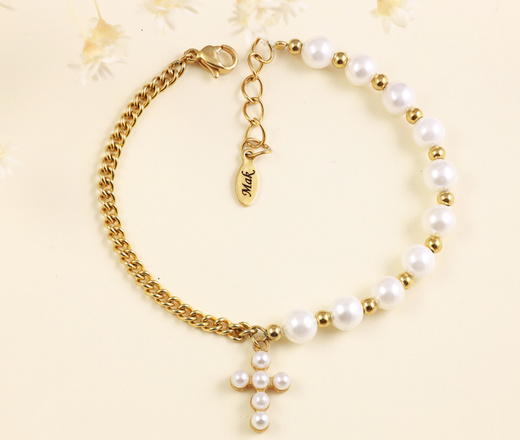 1571/16 bransoletka różaniec złota z perłami i krzyżem