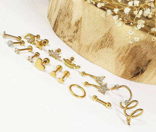 1478 kolczyk do piercingu sprężynka kuleczki z cyrkoniami stal złocona