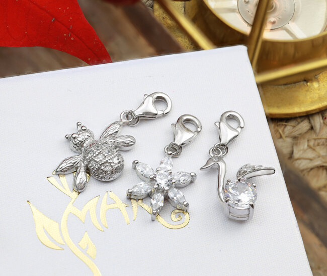 1596/9 srebro 925 komplet charms pszczoła, kwiat, łabędź