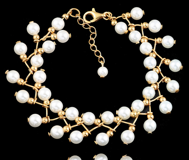 1522 bransoletka srebrna pozłacana z perełkami na ślub