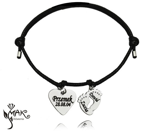 BR826 BRANSOLETKA z grawerem na sznureczku stópki serce