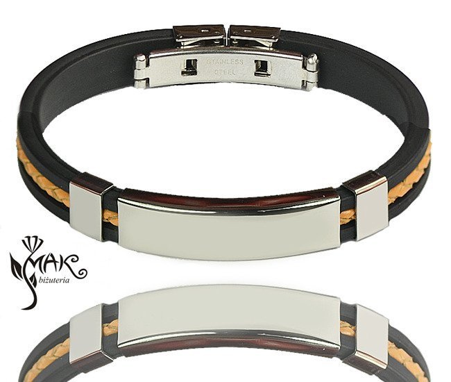 BR610 BRANSOLETKA Z GRAWEREM męska kauczuk skóra beż