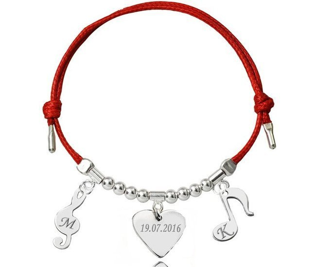 BR962 BRANSOLETKA Z GRAWEREM srebrna na sznurku serce, nutka, klucz wiolinowy